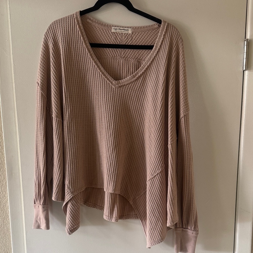 Free People Beige Ribbed V-Neck Hoodie